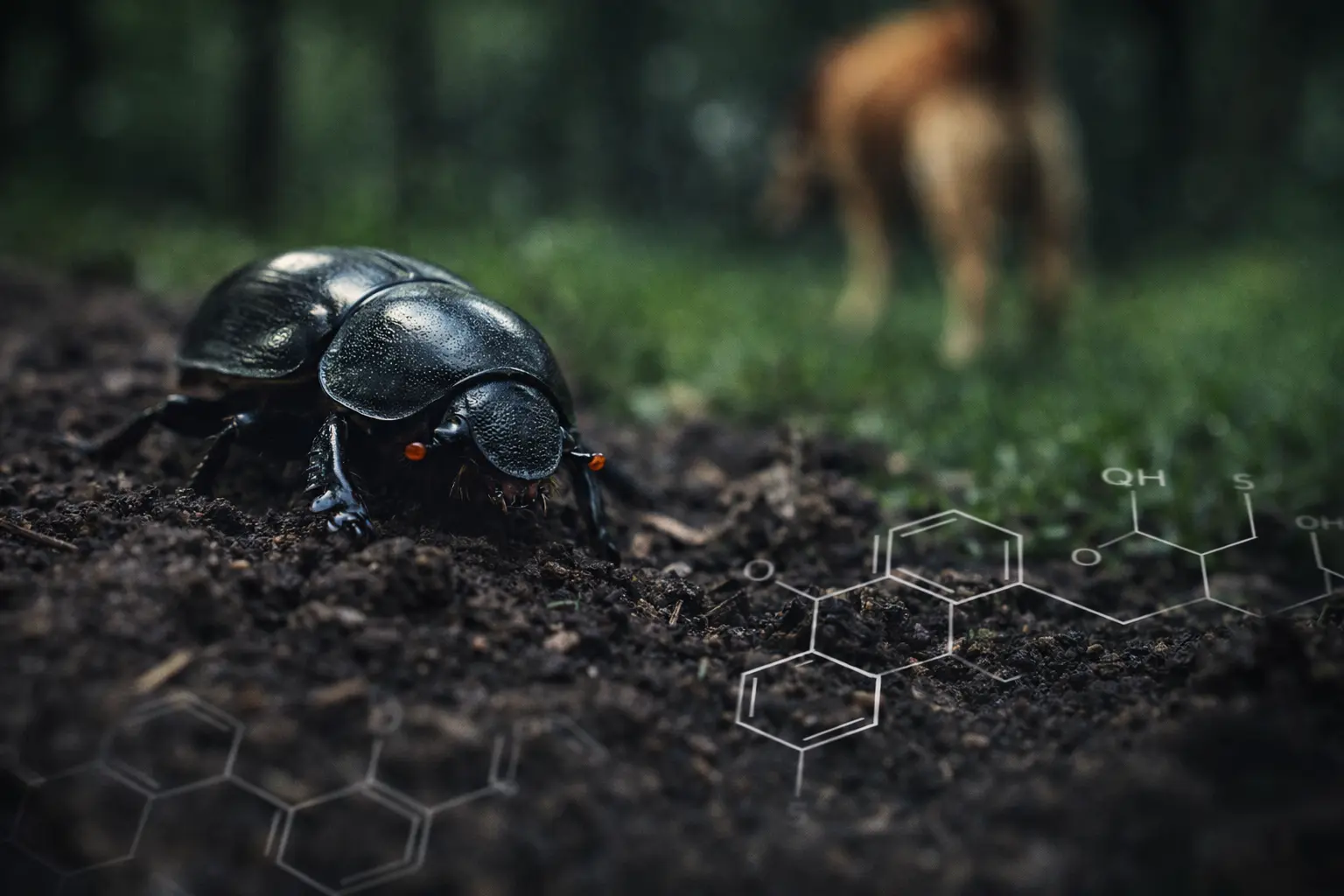Макрозйомка гнойового жука на ґрунті поруч із блістерною упаковкою ветеринарних таблеток; фон — зелений парк.