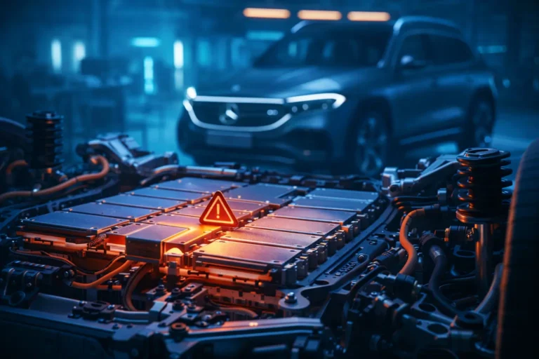 Логотип Mercedes-Benz на передній панелі EQB з графічним індикатором рівня заряду 80% та попередженням про сервісне обслуговування.