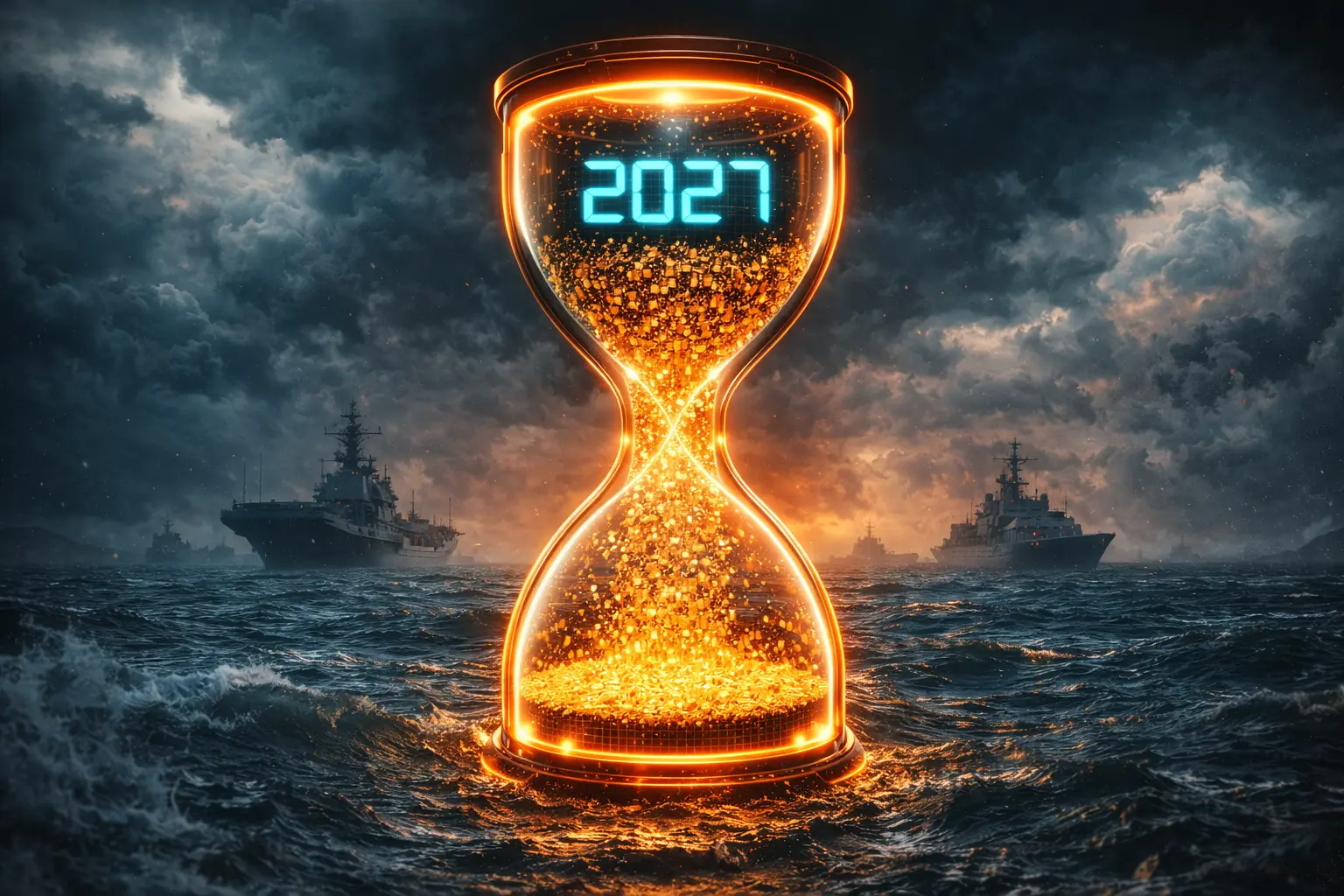 Макрофотографія мікросхеми у формі острова Тайвань на фоні графіку падіння світового ВВП та логотипів Intel, Nvidia, TSMC лютий 2026