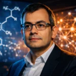 Портрет Деміса Хассабіса на фоні футуристичного інтерфейсу ШІ та логотипа Google DeepMind.