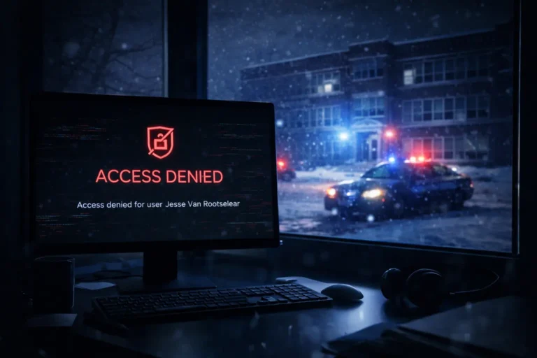 Колаж: Логотип ChatGPT із червоним попередженням на фоні канадського прапора та поліцейських вогнів біля школи.