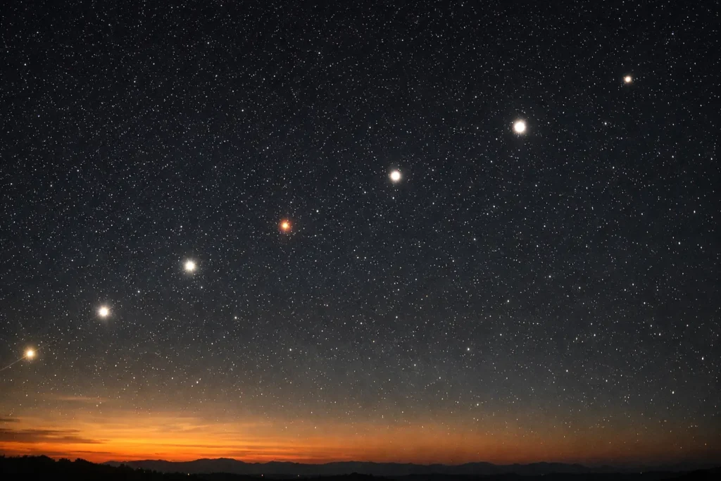 Шість планет, видимих на вечірньому небі після заходу сонця