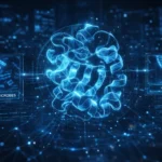 Цифрова візуалізація білка, створена ШІ, на фоні ланцюжка ДНК та мікроскопічних архей Асгарда.