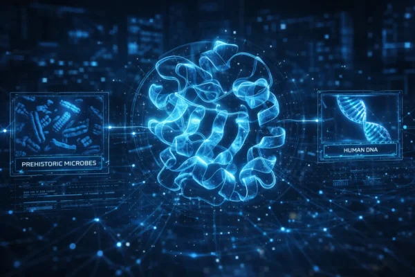 Цифрова візуалізація білка, створена ШІ, на фоні ланцюжка ДНК та мікроскопічних архей Асгарда.