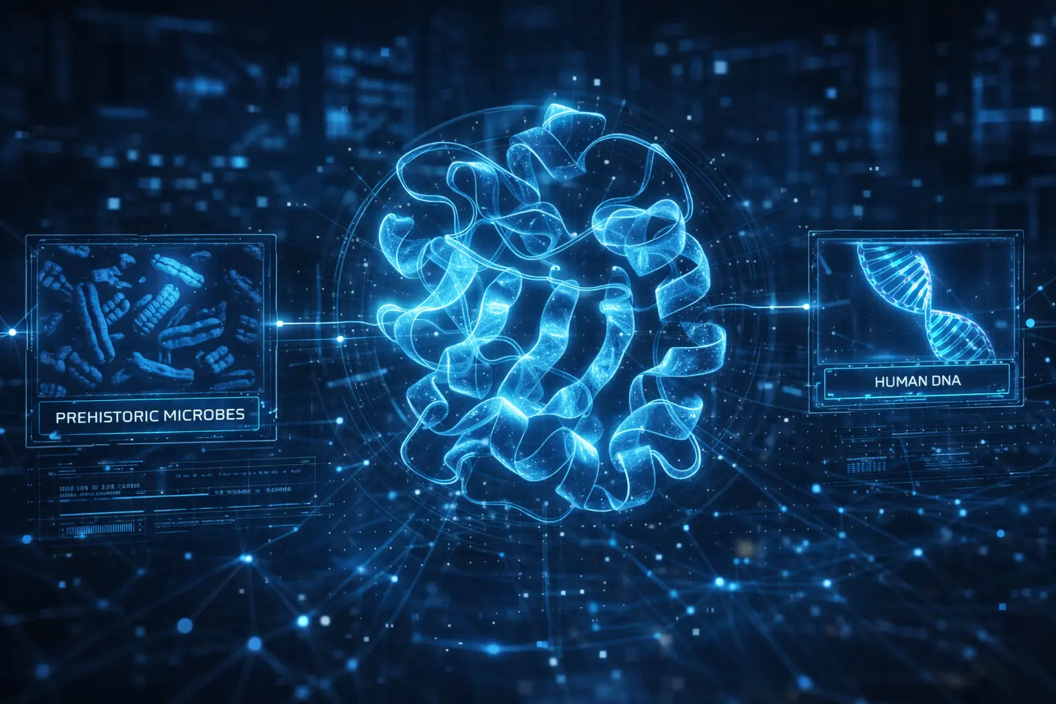 Цифрова візуалізація білка, створена ШІ, на фоні ланцюжка ДНК та мікроскопічних архей Асгарда.