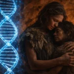 Реконструкція поховання в печері Гротта-дель-Роміто: мати обіймає доньку, підтверджуючи соціальну підтримку та генетичну спорідненість у палеоліті.