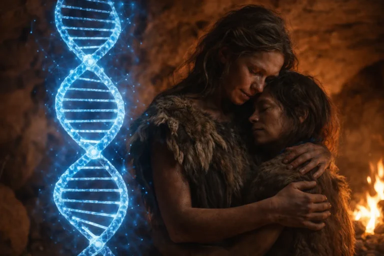 Реконструкція поховання в печері Гротта-дель-Роміто: мати обіймає доньку, підтверджуючи соціальну підтримку та генетичну спорідненість у палеоліті.