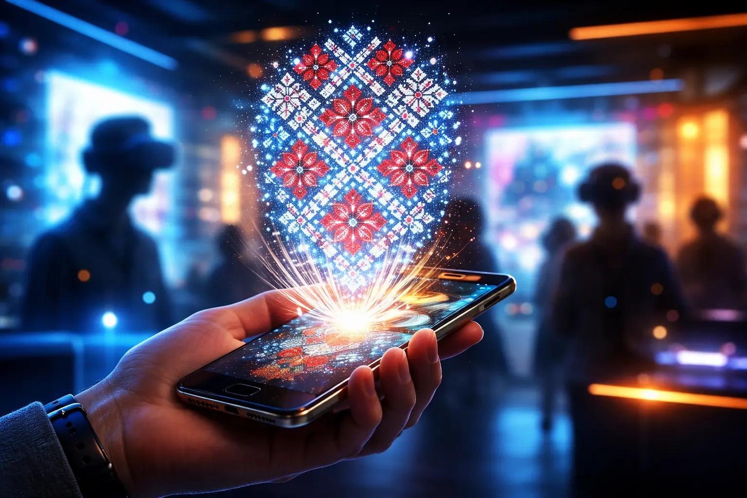Футуристична голограма українського орнаменту над смартфоном як символ цифровізації культури та NFT мистецтва