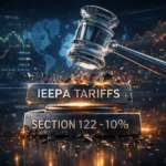 Грошовий потік у вигляді доларів, що впадає у велику воронку з написом «US Tariffs», на фоні будівлі Верховного суду та логотипів компаній Costco та Alcoa.