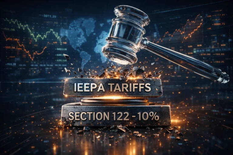 Грошовий потік у вигляді доларів, що впадає у велику воронку з написом «US Tariffs», на фоні будівлі Верховного суду та логотипів компаній Costco та Alcoa.