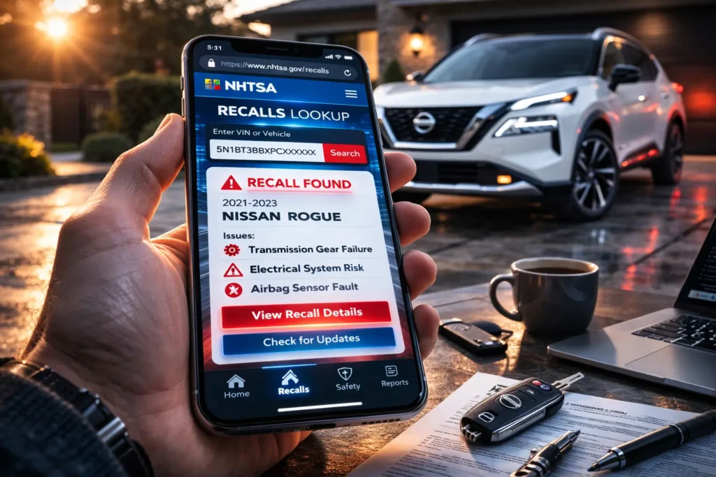 Рука тримає смартфон із відкритим сайтом перевірки VIN-коду на фоні автомобіля Nissan Rogue 2025.
