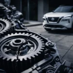 Кросовер Nissan Rogue 2025 року з відкритим капотом, де графічно підсвічена зона дросельної заслінки з попередженням про відкликання.