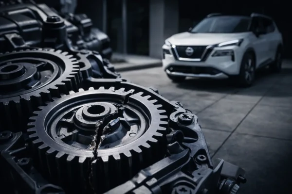 Кросовер Nissan Rogue 2025 року з відкритим капотом, де графічно підсвічена зона дросельної заслінки з попередженням про відкликання.