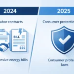 Інфографіка, що показує зміну пріоритетів соціальних проблем між 2024 та 2025 роками; іконки дому, трудового договору та кошика споживача на фоні сучасної офісної будівлі.
