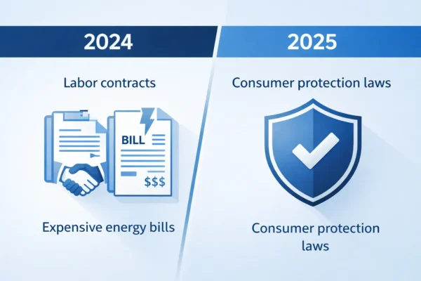 Інфографіка, що показує зміну пріоритетів соціальних проблем між 2024 та 2025 роками; іконки дому, трудового договору та кошика споживача на фоні сучасної офісної будівлі.