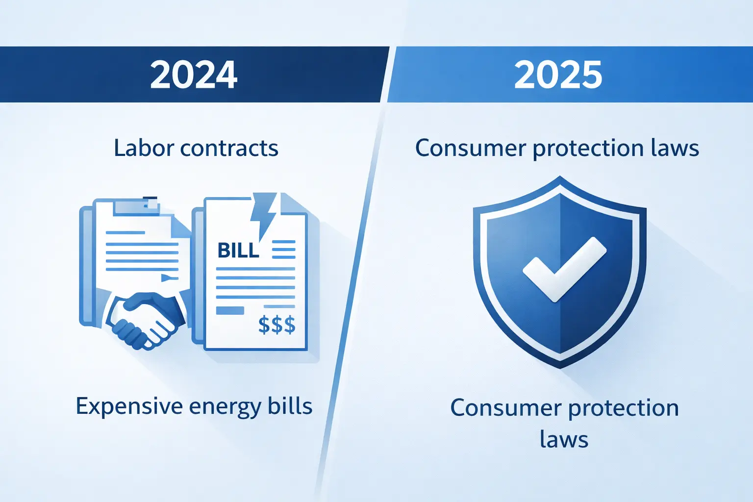 Інфографіка, що показує зміну пріоритетів соціальних проблем між 2024 та 2025 роками; іконки дому, трудового договору та кошика споживача на фоні сучасної офісної будівлі.