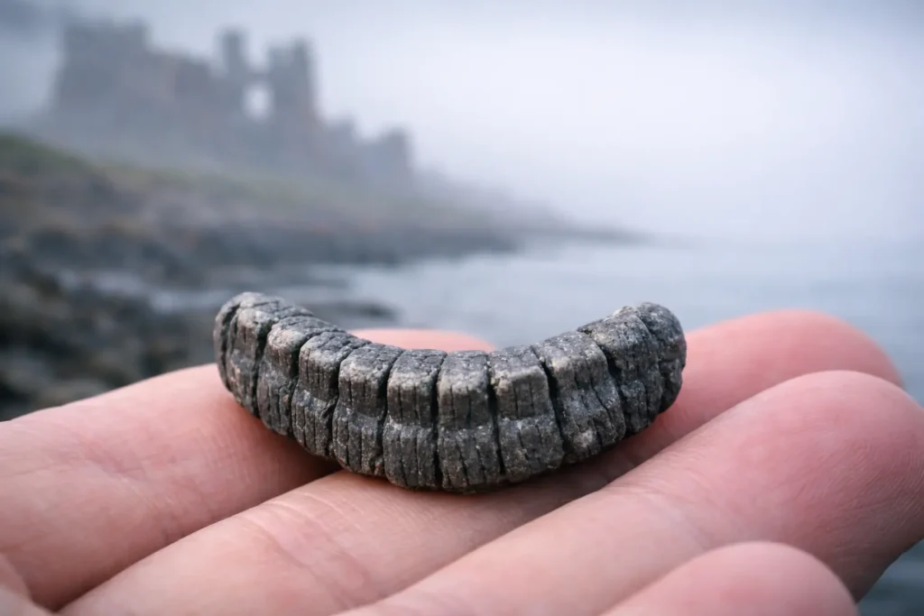Макрофотографія маленької темної скам’янілості морської лілії у формі посмішки на долоні, на фоні морського узбережжя Святого острова.