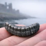 Макрофотографія маленької темної скам’янілості морської лілії у формі посмішки на долоні, на фоні морського узбережжя Святого острова.