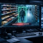 Монітор служби безпеки супермаркету з ШІ-рамками навколо підозрілих покупців у відділі кондитерських виробів у Лестері лютий 2026