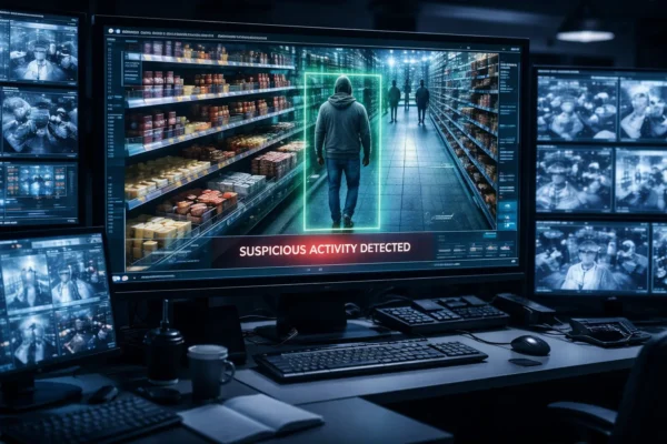 Монітор служби безпеки супермаркету з ШІ-рамками навколо підозрілих покупців у відділі кондитерських виробів у Лестері лютий 2026