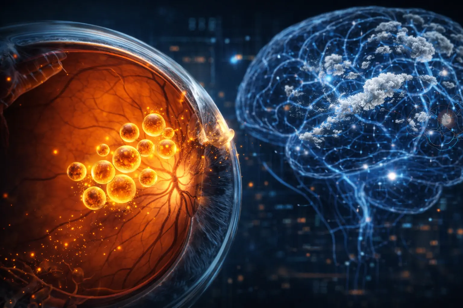 Цифрова мікроскопія сітківки ока з підсвіченими червоним зонами бактеріальної інфекції та зв'язком із нервовими волокнами мозку.