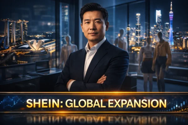 Засновник Shein Скай Сюй (Сюй Янтянь) виступає на бізнес-конференції у 2026 році на фоні логотипа Shein та китайського прапора