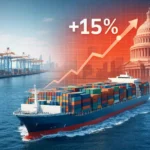 Колаж: Логотипи TSMC та сінгапурських компаній під червоною печаткою «15% NEW TARIFF»; на фоні — морські порти та Дональд Трамп.