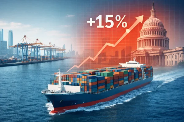 Колаж: Логотипи TSMC та сінгапурських компаній під червоною печаткою «15% NEW TARIFF»; на фоні — морські порти та Дональд Трамп.