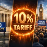 Будівля Верховного суду США та Дональд Трамп на фоні вантажних контейнерів із написами ЄС Британія Індія лютий 2026