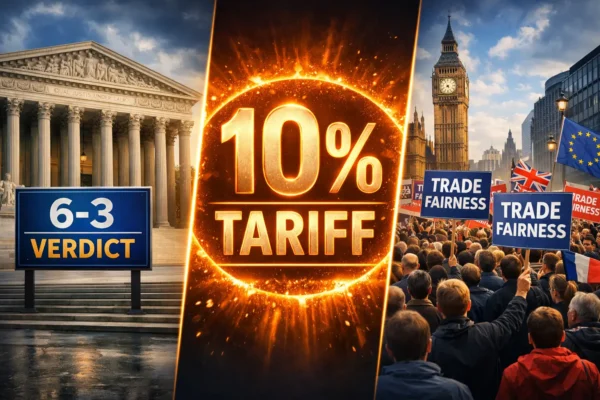 Будівля Верховного суду США та Дональд Трамп на фоні вантажних контейнерів із написами ЄС Британія Індія лютий 2026