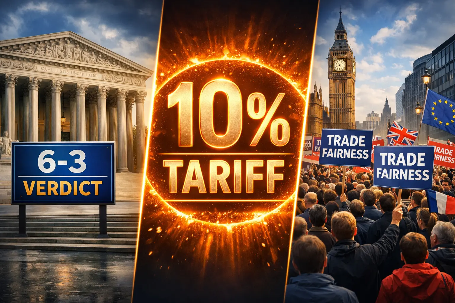 Будівля Верховного суду США та Дональд Трамп на фоні вантажних контейнерів із написами ЄС Британія Індія лютий 2026