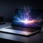 Професійний рендер MacBook Neo на мінімалістичному робочому столі з візуалізацією процесора M5 та ефектами штучного інтелекту