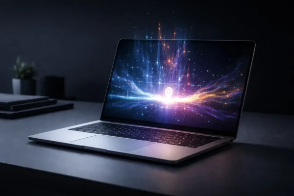 Професійний рендер MacBook Neo на мінімалістичному робочому столі з візуалізацією процесора M5 та ефектами штучного інтелекту
