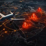 пасажирський літак на фоні карти Близького Сходу з позначеними закритими повітряними коридорами