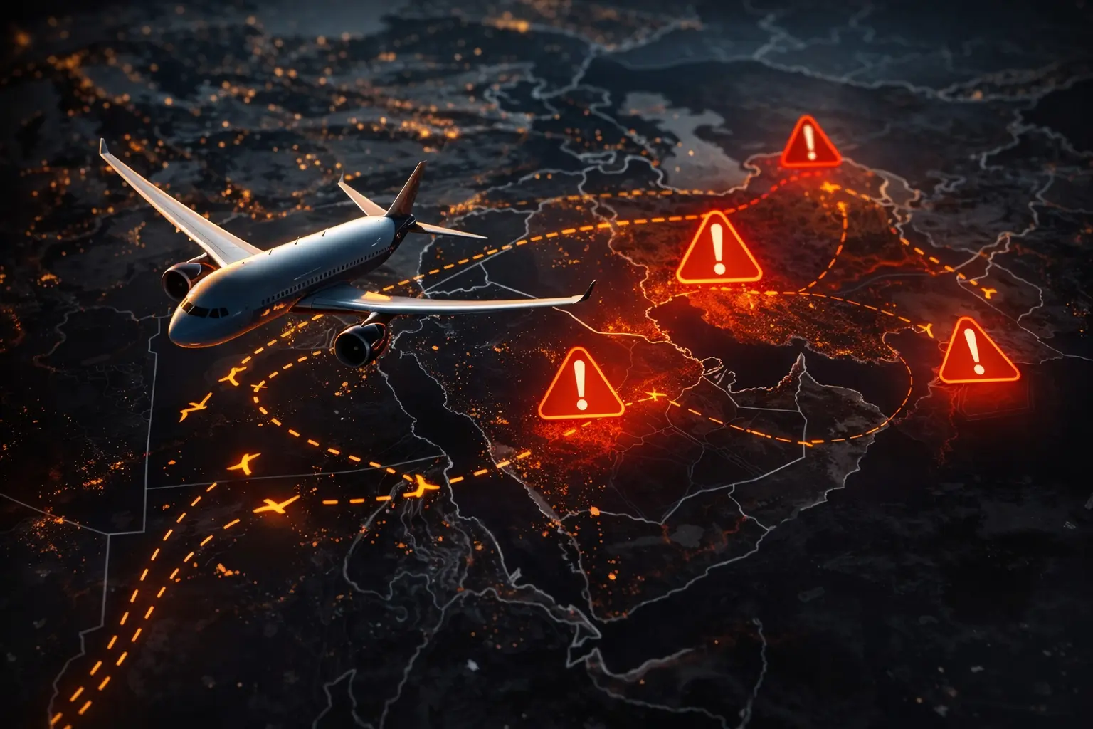 пасажирський літак на фоні карти Близького Сходу з позначеними закритими повітряними коридорами