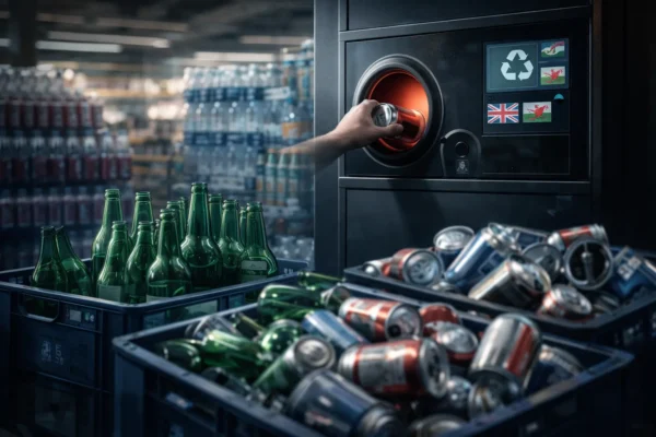 Скляні пляшки для напоїв у магазині — у Британії триває дискусія щодо включення скла до депозитної системи повернення тари в Уельсі
