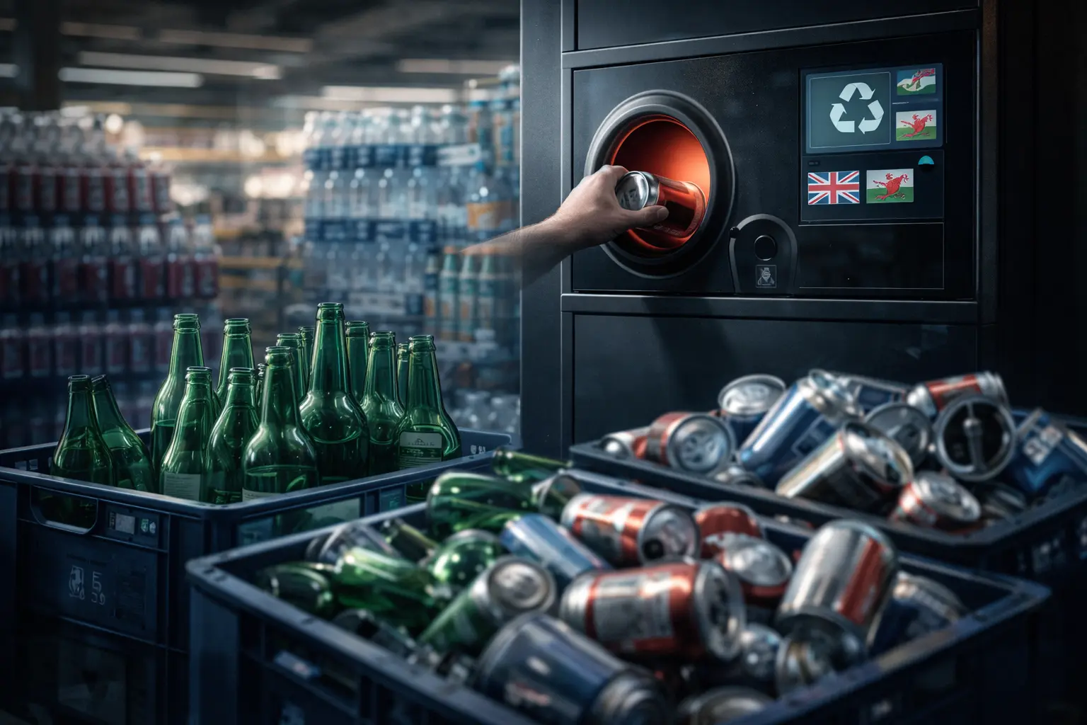 Скляні пляшки для напоїв у магазині — у Британії триває дискусія щодо включення скла до депозитної системи повернення тари в Уельсі