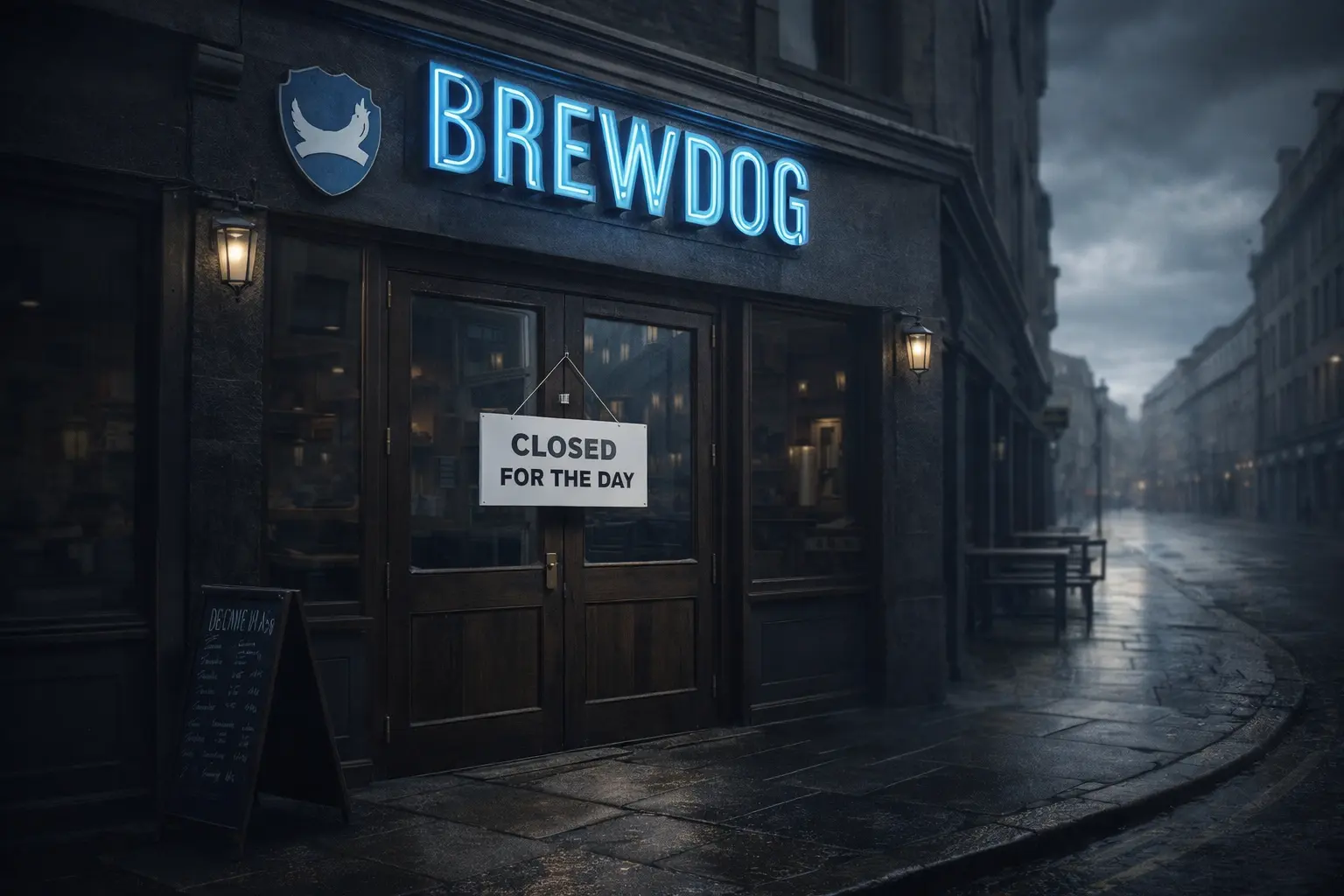 Закритий паб Brewdog із табличкою «Закрито на день» та порожніми вулицями, що символізує продаж бізнесу та корпоративні зміни
