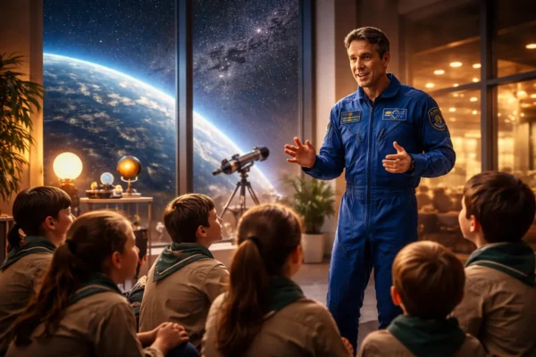 Астронавт Тім Пік спілкується зі скаутами під час відкриття нового центру у Великій Британії