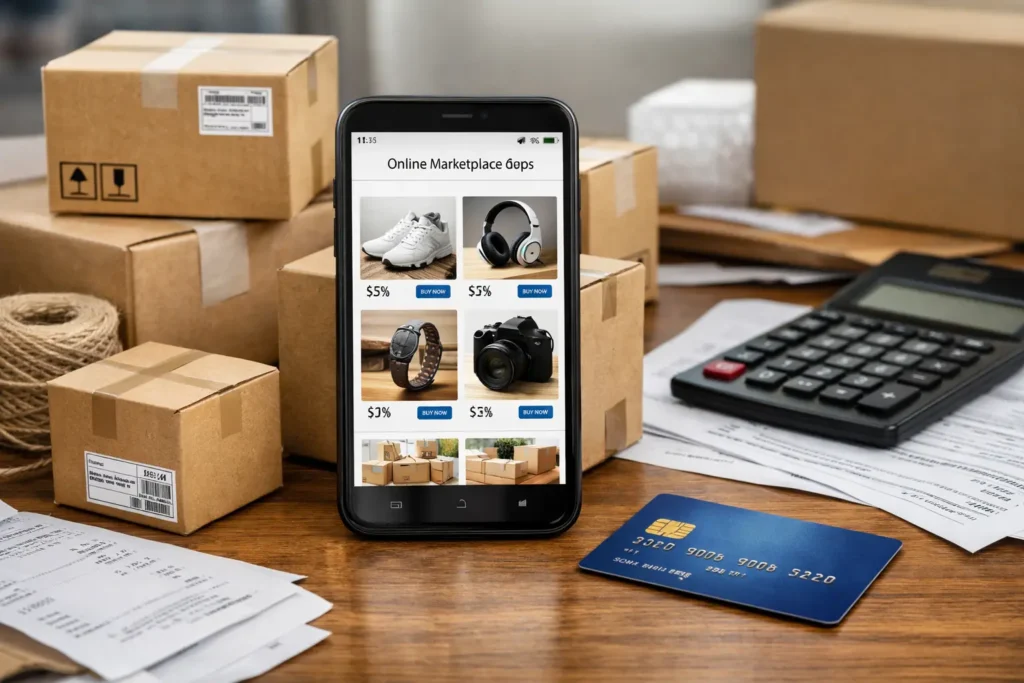 смартфон з відкритими сайтами OLX та Rozetka поруч із банківською карткою