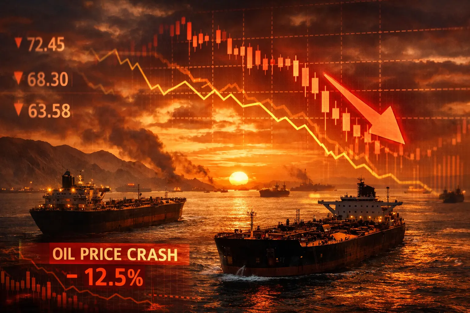 нафтові танкери біля Ормузької протоки на тлі біржових графіків падіння цін на нафту