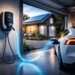 Електромобіль підключений до домашньої зарядної станції wallbox у приватному будинку