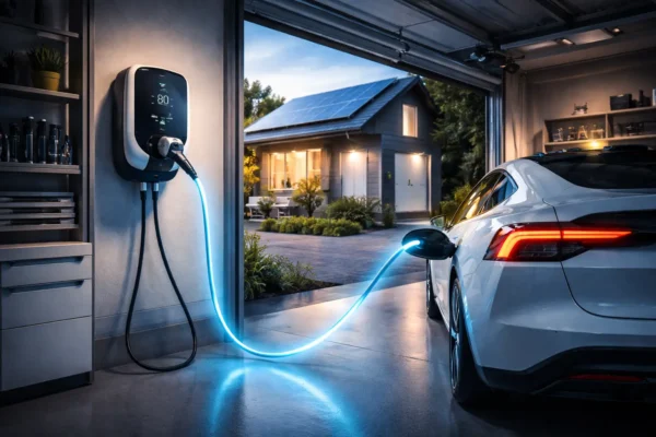 Електромобіль підключений до домашньої зарядної станції wallbox у приватному будинку