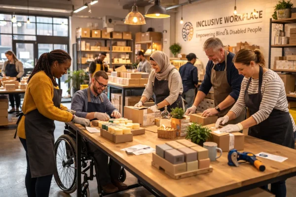 Працівники соціального підприємства Amplify Goods у Лондоні пакують мило, створюючи робочі місця для людей з інвалідністю та безпритульних