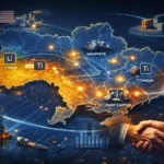 Карта України з критичними мінералами та інвестиціями США, символізуючи американо-українське партнерство та технологічний трансфер