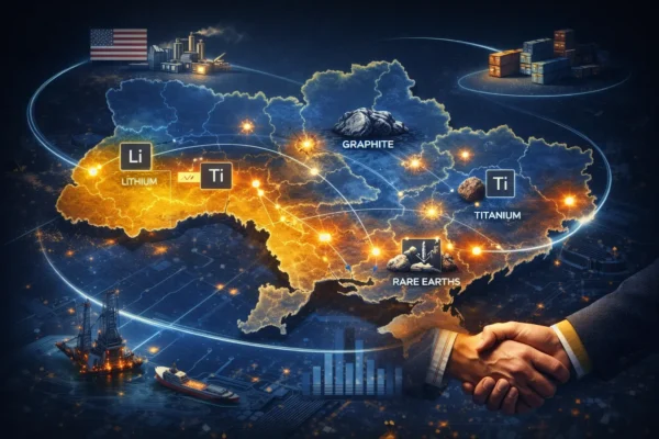 Карта України з критичними мінералами та інвестиціями США, символізуючи американо-українське партнерство та технологічний трансфер