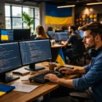 українські ІТ-фахівці працюють у сучасному офісі з кодом на екранах