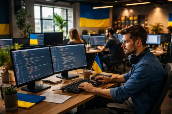 українські ІТ-фахівці працюють у сучасному офісі з кодом на екранах