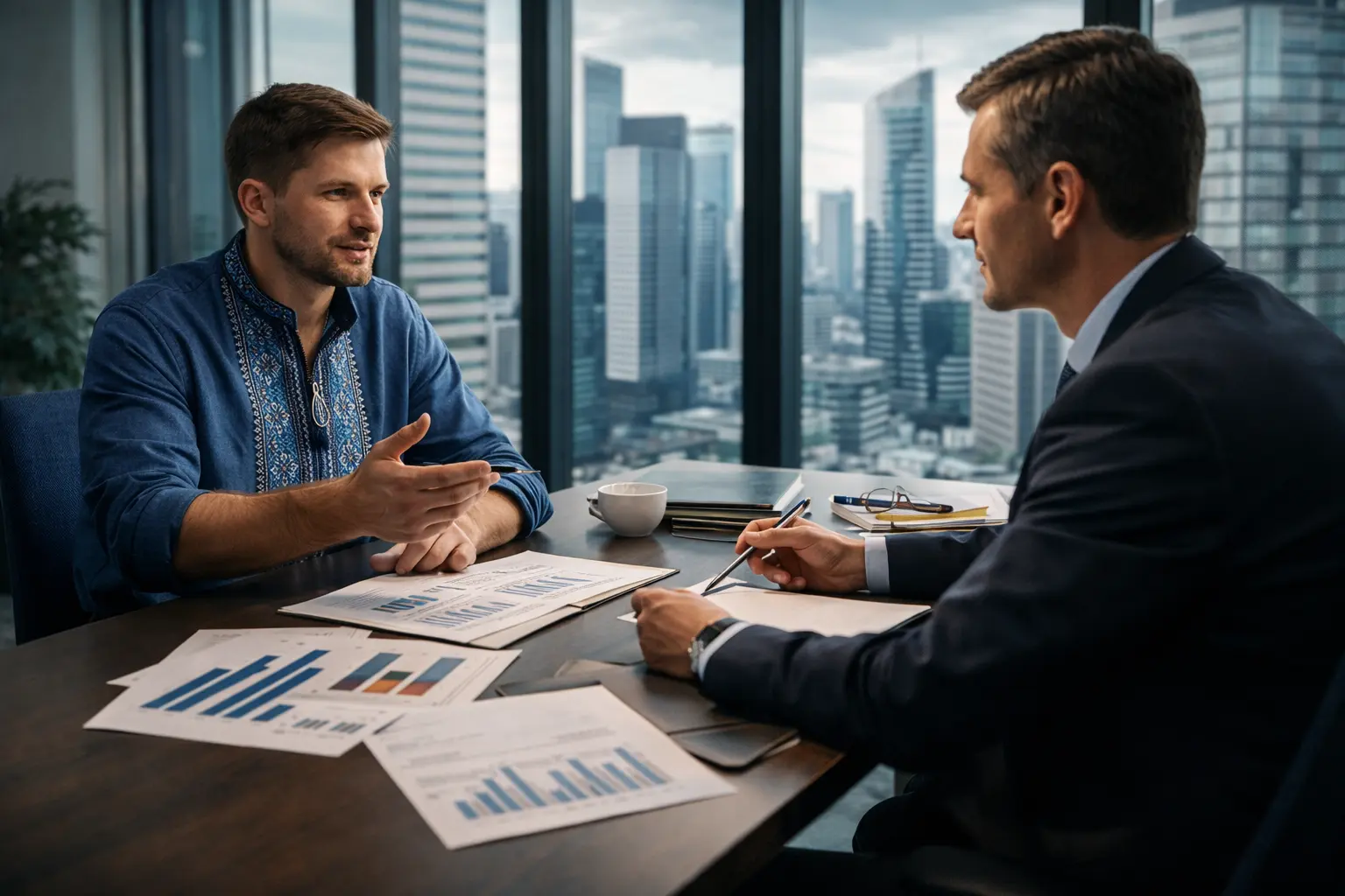 підприємець обговорює фінансування бізнесу з банківським консультантом