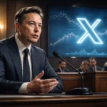 Ілон Маск дає свідчення в суді США, ілюстрація судового процесу щодо акцій Twitter та X, фінансові графіки на фоні